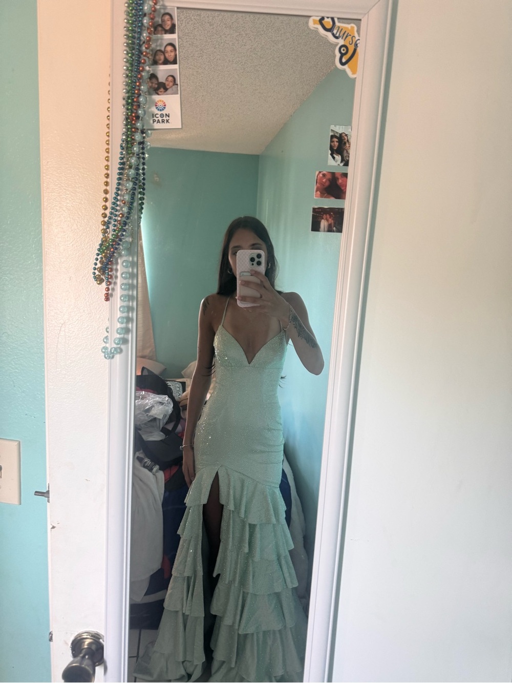 Sherri Hill Mint Green Backless Ruffled Prom Gown - Picture 6 of 6
